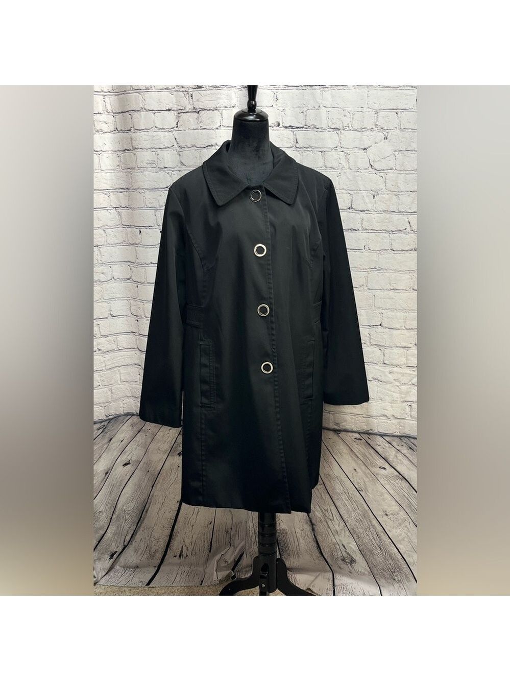 Anne Klein Black 4 Silver Snap Closure 2 Pocket Trench Coat size XL EUC